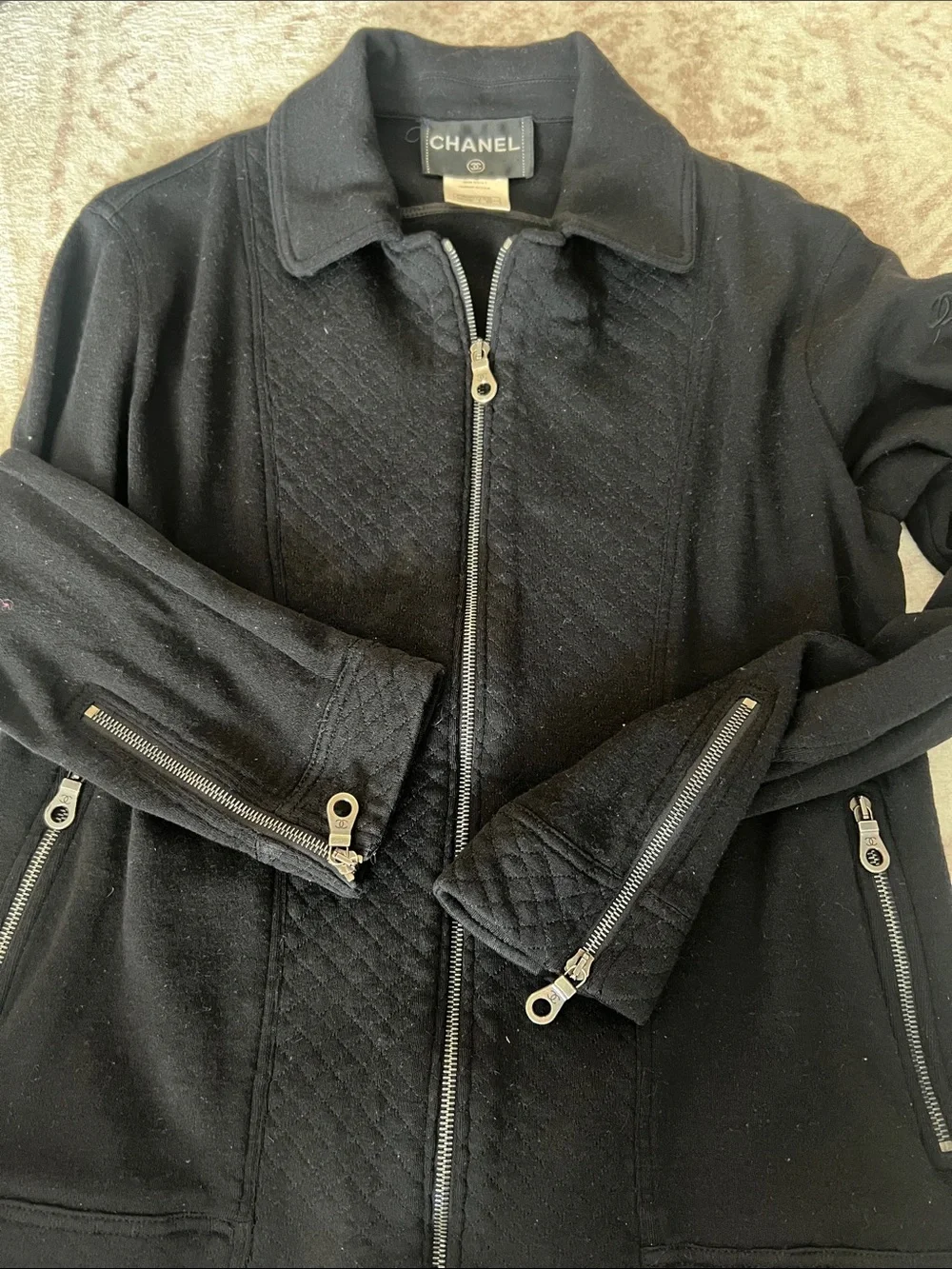 CHANEL Black Quilted Sleeve Zip-Up Bomber Jacket